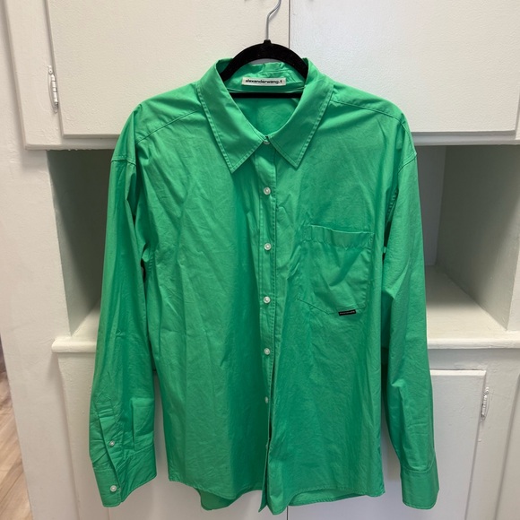 T by Alexander Wang Boyfriend Button Up Shirt Bright Green Poplin Oversized - Picture 2 of 11